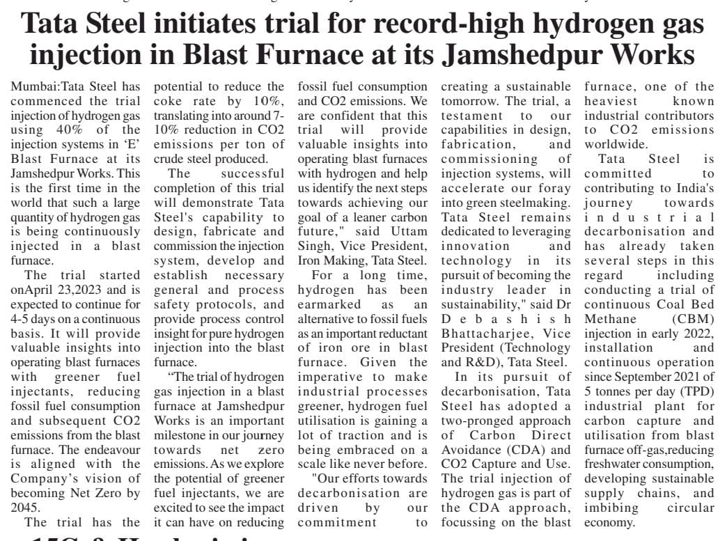 Tata Steel announces blast furnace hydrogen injection trial