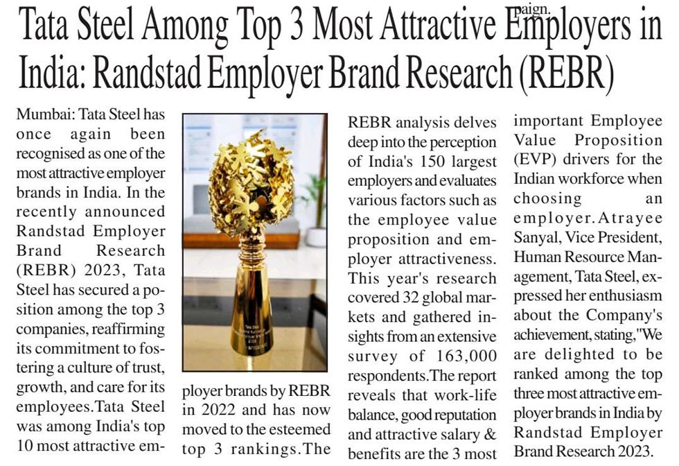 Tata Steel Among Top 3 Most Attractive Employers in India: Randstad  Employer Brand Research (REBR)