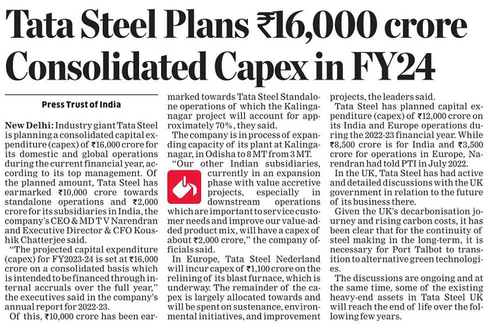 Tata Steel Plans ₹16,000 crore Consolidated Capex in FY24