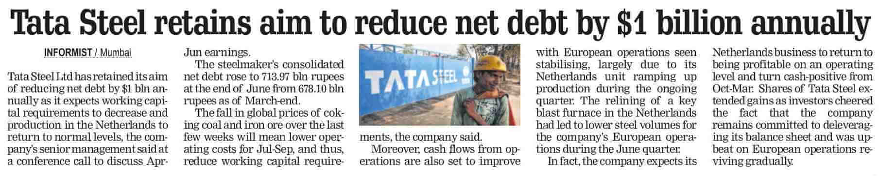 Tata Steel to pare debt by $1 billion a year, expansion to be India centric